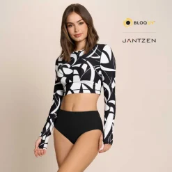 BOTANICAL DOMINO CROPPED SWIM RASH GUARD TEE TOP