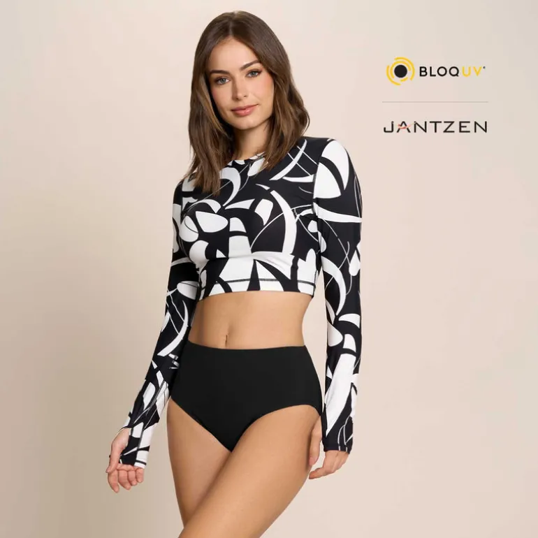 BOTANICAL DOMINO CROPPED SWIM RASH GUARD TEE TOP