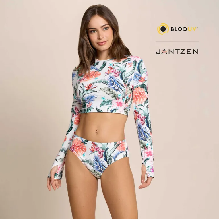 HAWAIIAN TERRACE CROPPED SWIM RASH GUARD TEE TOP