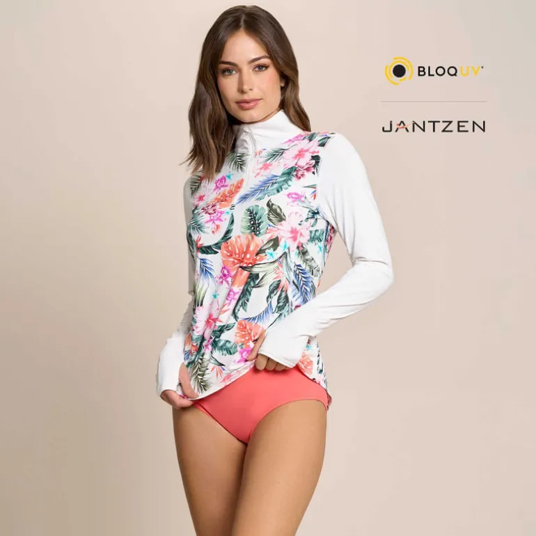 HAWAIIAN TERRACE RELAXED MOCK NECK ZIP TOP