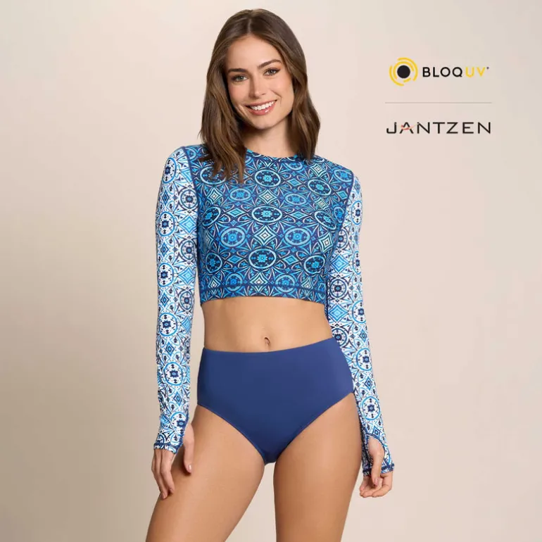 MOROCCAN TILES CROPPED SWIM RASH GUARD TEE TOP