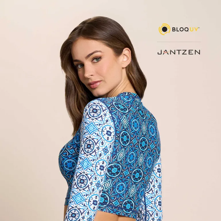 MOROCCAN TILES CROPPED SWIM RASH GUARD TEE TOP