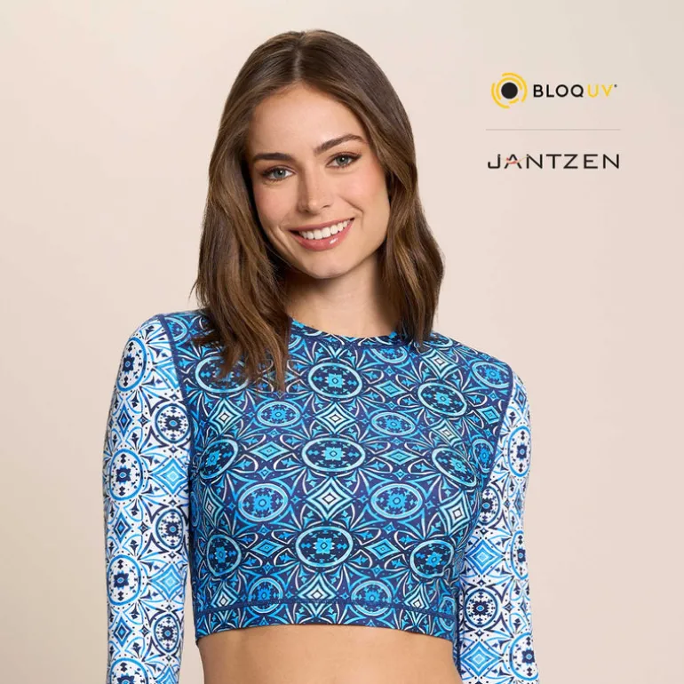 MOROCCAN TILES CROPPED SWIM RASH GUARD TEE TOP