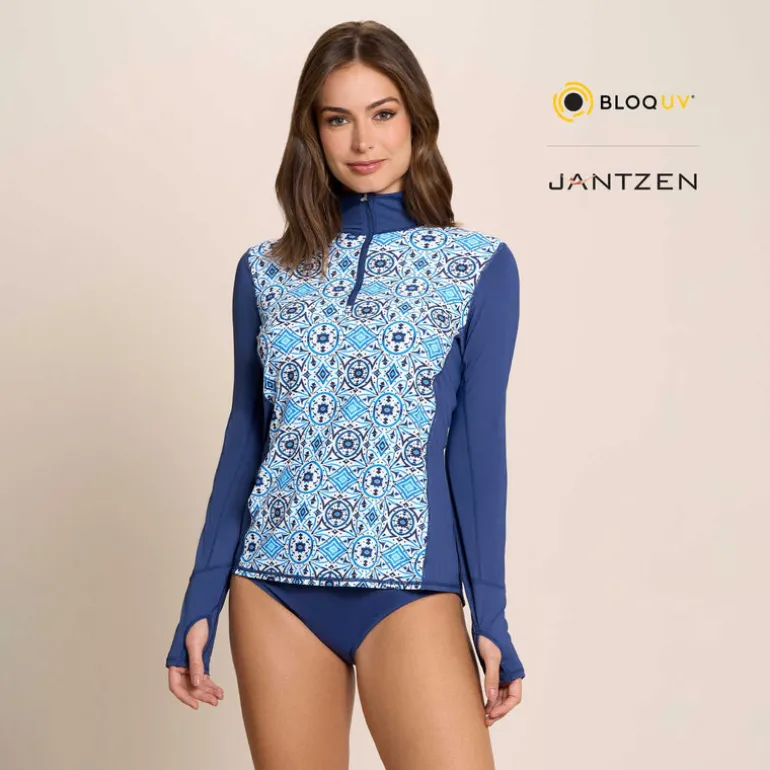 MOROCCAN TILES RELAXED MOCK NECK ZIP TOP