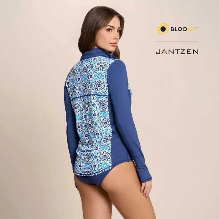 MOROCCAN TILES RELAXED MOCK NECK ZIP TOP